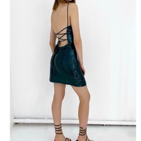 Zara Green Sequin Open Back Mini Dress Size XS - Picture 1 of 5
